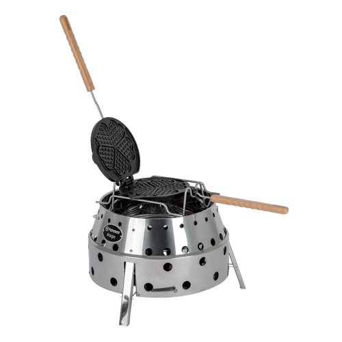 Stainless steel campfire stand with handcrafted cast iron rotating waffle iron featuring wooden handles, designed for easy flipping and outdoor cooking, ideal for Farm, Garden & Tool, Camping, Best Sellers, and Promo Eligible collections.