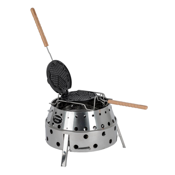 Stainless steel campfire stand with handcrafted cast iron rotating waffle iron featuring wooden handles, designed for easy flipping and outdoor cooking, ideal for Farm, Garden & Tool, Camping, Best Sellers, and Promo Eligible collections.