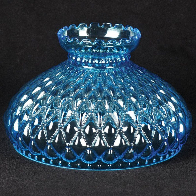 Vibrant blue glass lamp shade with a diamond quilt pattern and ruffled edge, designed for lamps and lighting, parts and accessories, lamp shades, and best sellers collections.