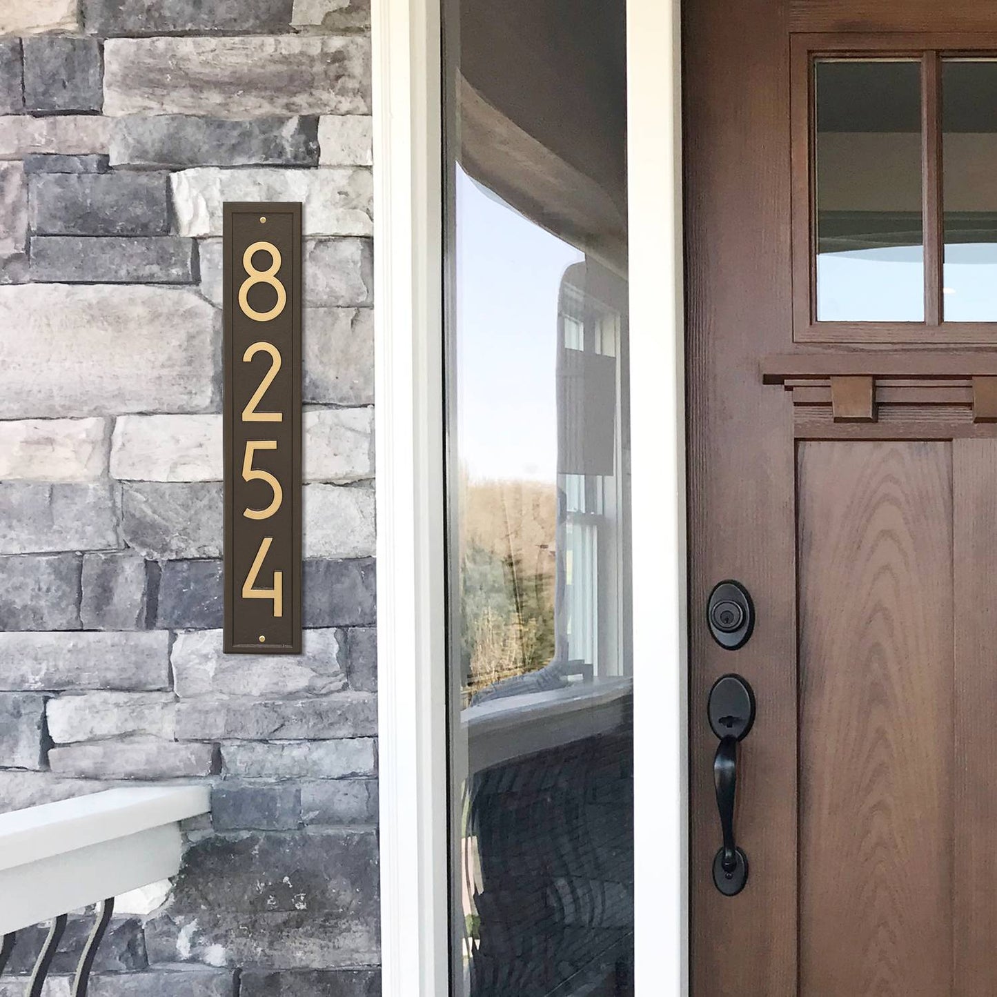 Handcrafted vertical wall plaque in aged bronze displaying modern numerals, made in USA, designed to boost curb appeal, featured in Home & Decor, Household Helpers, and Mailboxes and Address Signs collections.