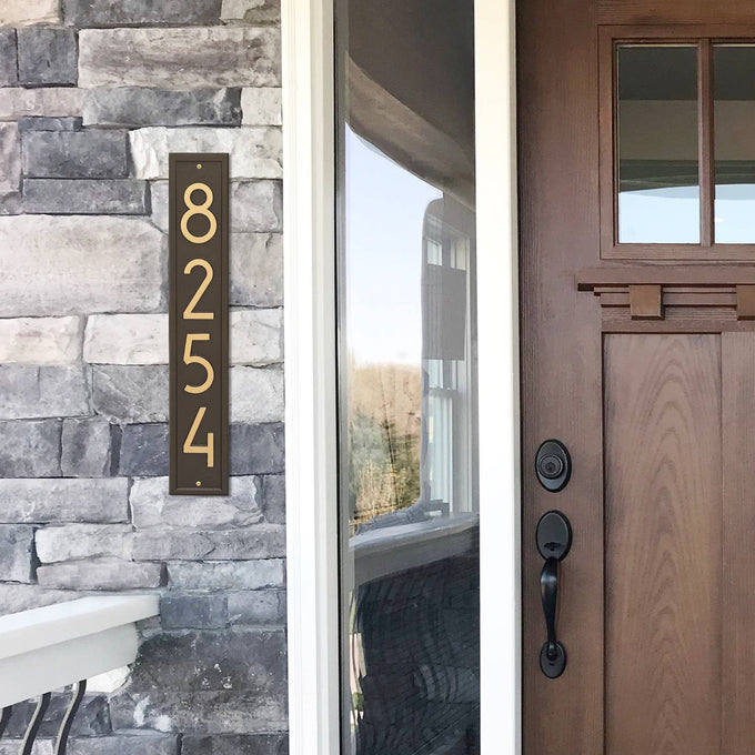 Handcrafted vertical wall plaque in aged bronze displaying modern numerals, made in USA, designed to boost curb appeal, featured in Home & Decor, Household Helpers, and Mailboxes and Address Signs collections.