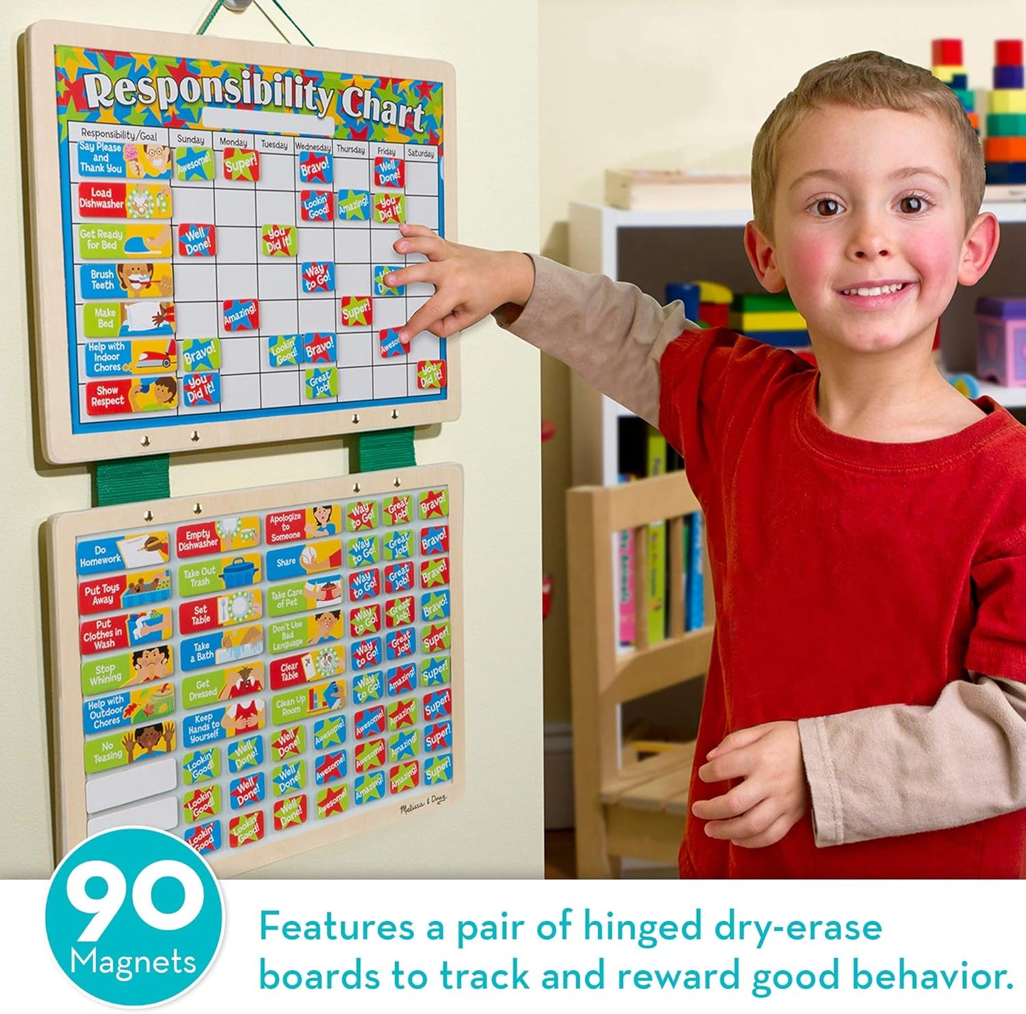 Young child interacting with a handcrafted magnetic responsibility chart featuring colorful magnets and hinged dry-erase boards, designed for promoting positive habits in indoor play, children's toys, and best seller collections.