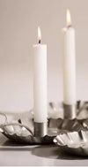 Pair of tall white handcrafted dripless candles with bright flames, set in vintage-style metal holders, ideal for lamps, emergency supplies, and farm collections.