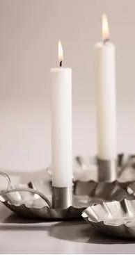 Pair of tall white handcrafted dripless candles with bright flames, set in vintage-style metal holders, ideal for lamps, emergency supplies, and farm collections.