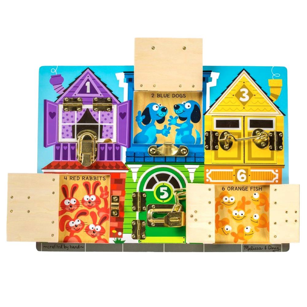 Handcrafted wooden board featuring six colorful numbered compartments with attached metal latches, showcasing playful animals to teach colors, numbers, and fine motor skills, ideal for indoor play, children's toys, and wooden toys collections.