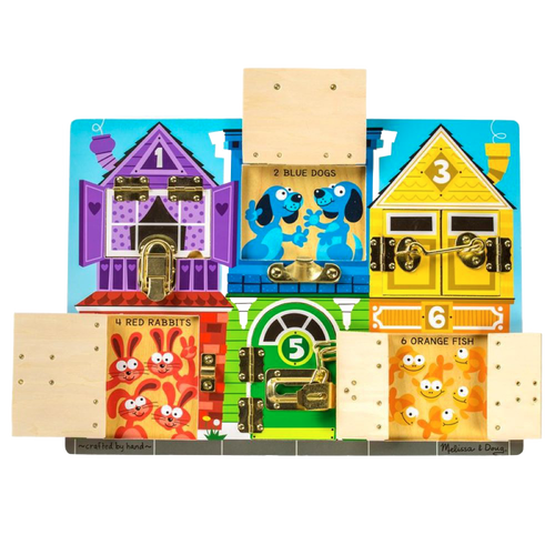 Handcrafted wooden board featuring six colorful numbered compartments with attached metal latches, showcasing playful animals to teach colors, numbers, and fine motor skills, ideal for indoor play, children's toys, and wooden toys collections.