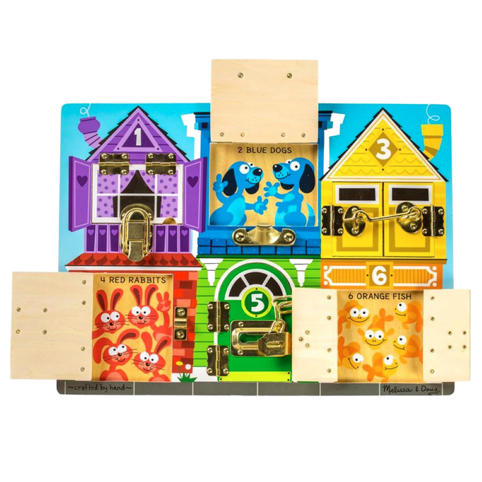 Handcrafted wooden board featuring six colorful numbered compartments with attached metal latches, showcasing playful animals to teach colors, numbers, and fine motor skills, ideal for indoor play, children's toys, and wooden toys collections.