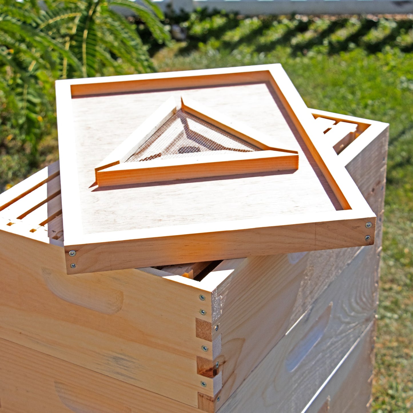 Handcrafted wooden 8-frame triangle bee escape board with fine mesh, Amish made in USA, designed for chemical-free honey harvesting, featured in Farm, Garden & Tool and Beekeeping Supplies collections.