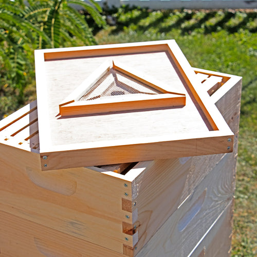 Handcrafted wooden 8-frame triangle bee escape board with fine mesh, Amish made in USA, designed for chemical-free honey harvesting, featured in Farm, Garden & Tool and Beekeeping Supplies collections.