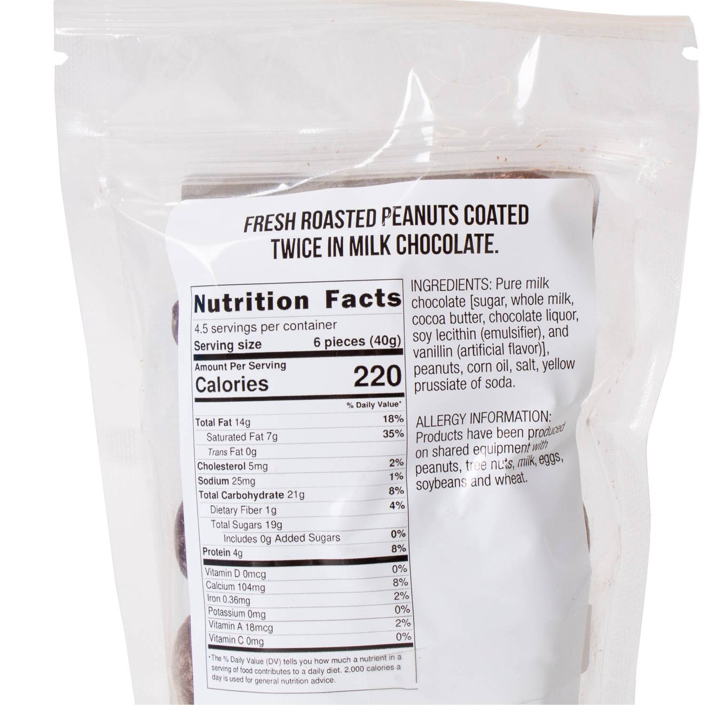Clear resealable bag of handcrafted chocolate-covered peanuts dipped twice in milk chocolate, showcasing fresh roasted peanuts, ideal for Kitchen & Food, Snacks and Sweets, Candy, USA Made, Best Sellers, and Promo Eligible collections.