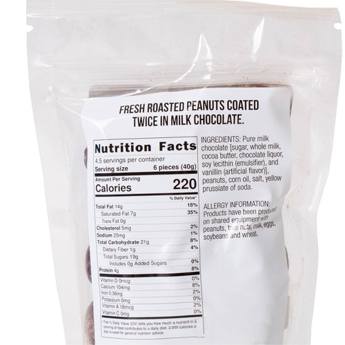 Clear resealable bag of handcrafted chocolate-covered peanuts dipped twice in milk chocolate, showcasing fresh roasted peanuts, ideal for Kitchen & Food, Snacks and Sweets, Candy, USA Made, Best Sellers, and Promo Eligible collections.