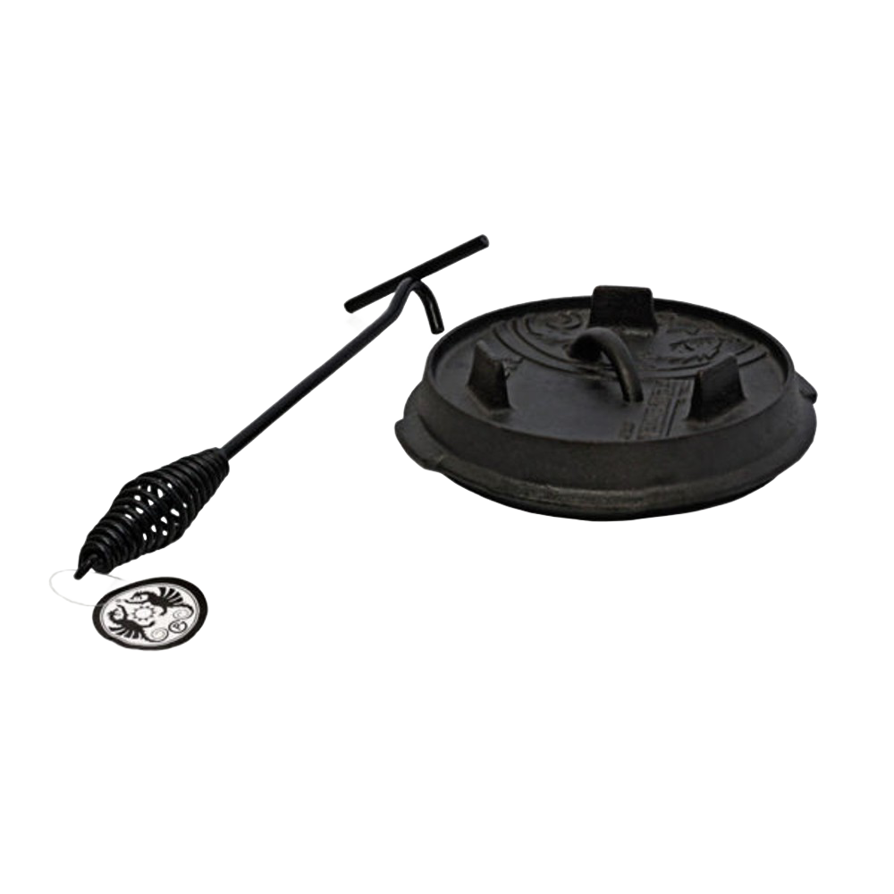 Cast iron Dutch oven lid with a durable metal lid lifter featuring a heat-resistant coil handle, designed for safe handling during camping and outdoor cooking, part of Farm, Garden & Tool, Camping, Best Sellers, and Promo Eligible collections.