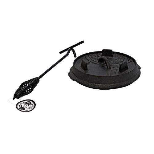 Cast iron Dutch oven lid with a durable metal lid lifter featuring a heat-resistant coil handle, designed for safe handling during camping and outdoor cooking, part of Farm, Garden & Tool, Camping, Best Sellers, and Promo Eligible collections.