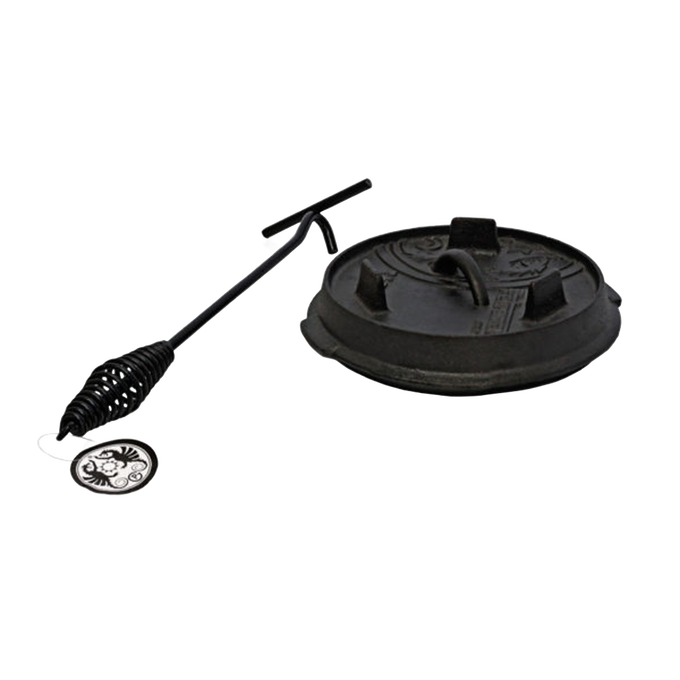 Cast iron Dutch oven lid with a durable metal lid lifter featuring a heat-resistant coil handle, designed for safe handling during camping and outdoor cooking, part of Farm, Garden & Tool, Camping, Best Sellers, and Promo Eligible collections.