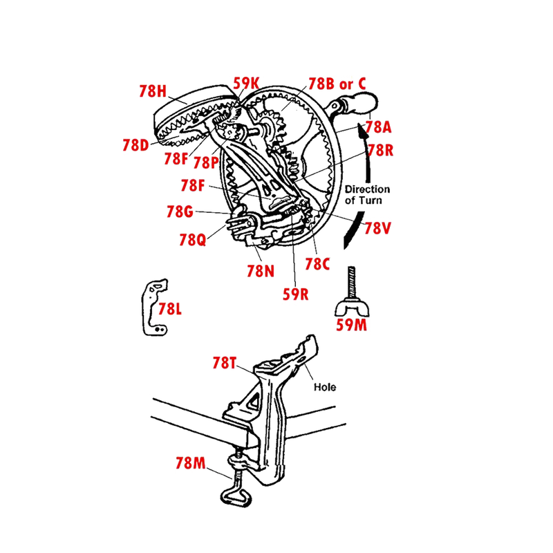 Detailed technical diagram illustrating the main blade and assembly parts for a traditional apple peeler, highlighting individual components used in farm, garden, and kitchen equipment collections.