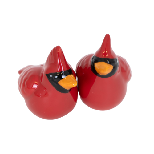 Pair of handcrafted earthenware cardinal salt and pepper shakers with bright red finish and detailed hand-painted features, perfect for Kitchen & Food and Dinnerware collections.