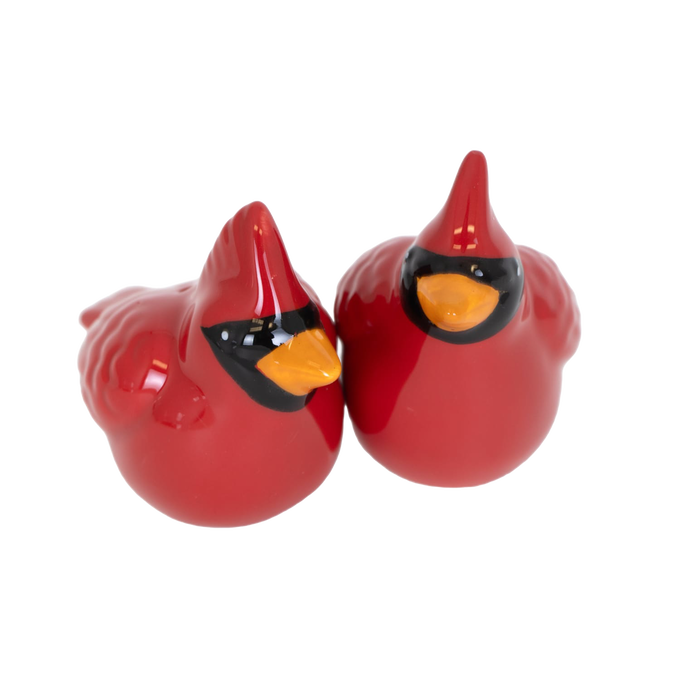 Pair of handcrafted earthenware cardinal salt and pepper shakers with bright red finish and detailed hand-painted features, perfect for Kitchen & Food and Dinnerware collections.