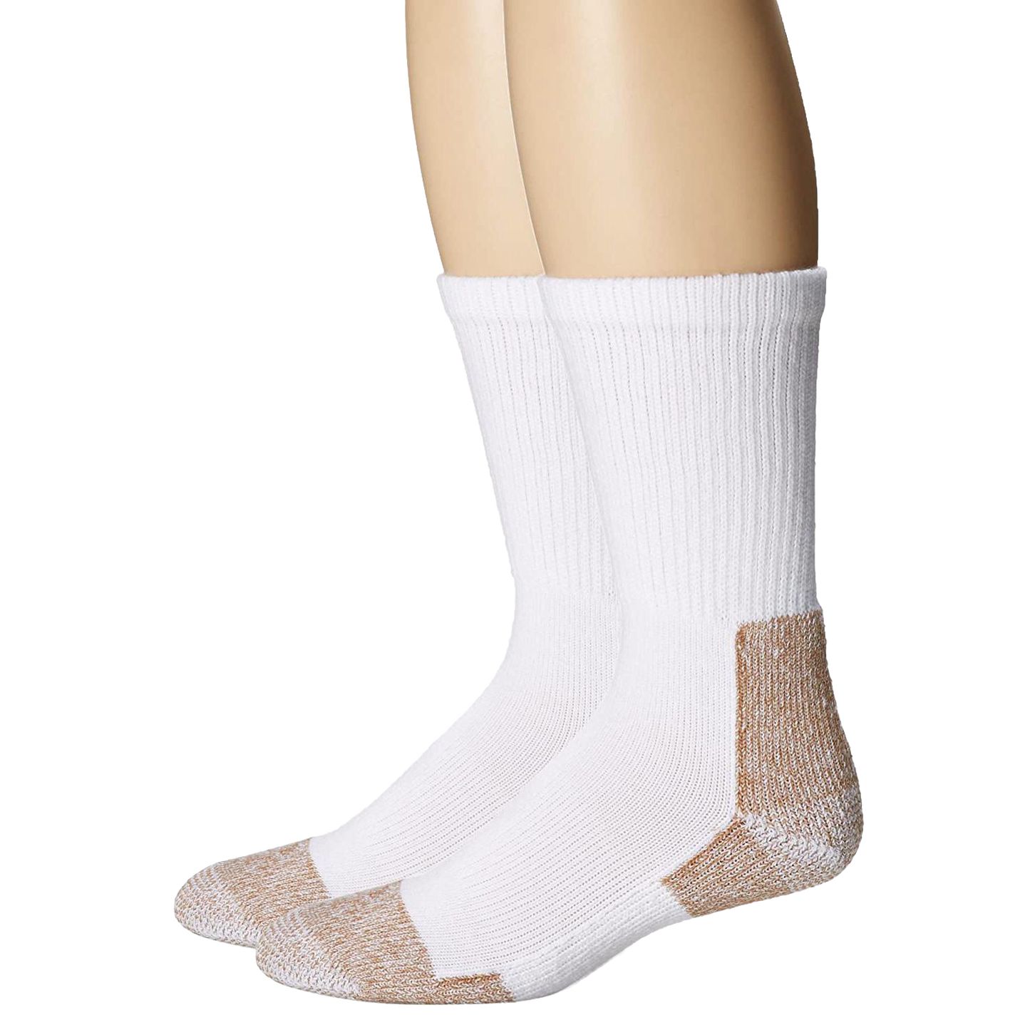 Pair of heavyweight white crew socks with reinforced tan toe and heel, designed for durability and comfort, part of USA Made, Health & Wellness, and Clothing and Accessories collections.