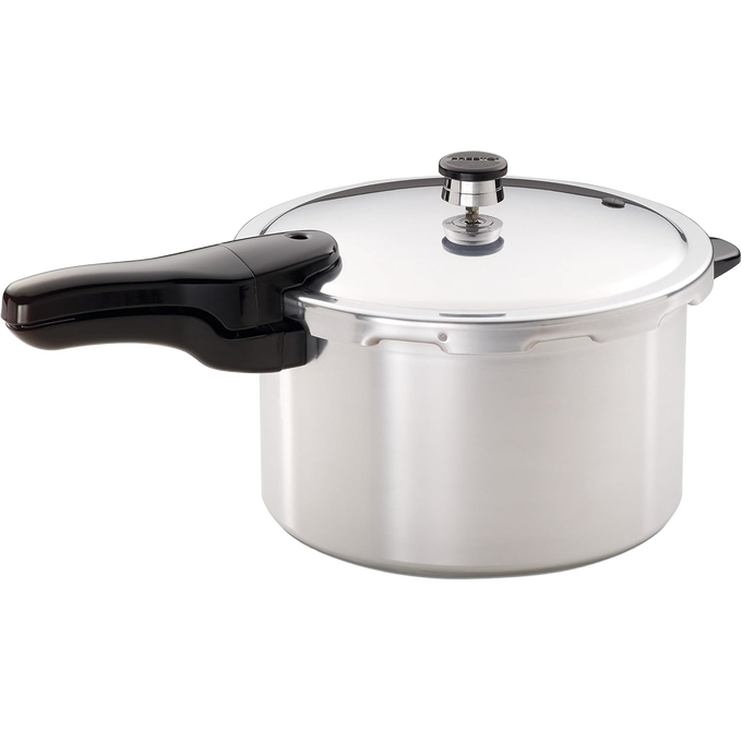 Handcrafted aluminum pressure cooker with a polished finish and black ergonomic handle, designed for fast, flavorful meals, featured in Kitchen & Food, Cookware, Pots and Pans, and Best Sellers collections.