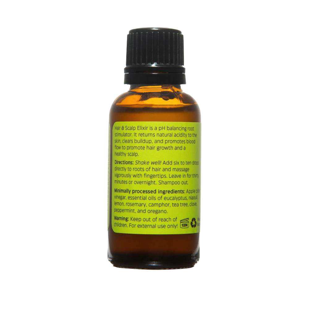 Amber glass bottle with black cap containing a natural pH balancing hair and scalp elixir, featuring apple cider vinegar and essential oils, part of Health & Wellness, Grooming, USA Made, and Best Sellers collections.