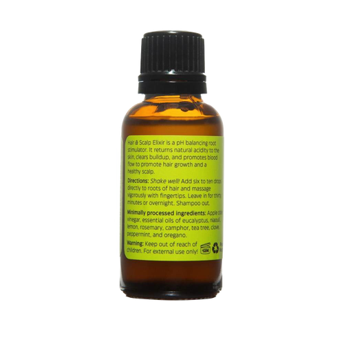 Amber glass bottle with black cap containing a natural pH balancing hair and scalp elixir, featuring apple cider vinegar and essential oils, part of Health & Wellness, Grooming, USA Made, and Best Sellers collections.