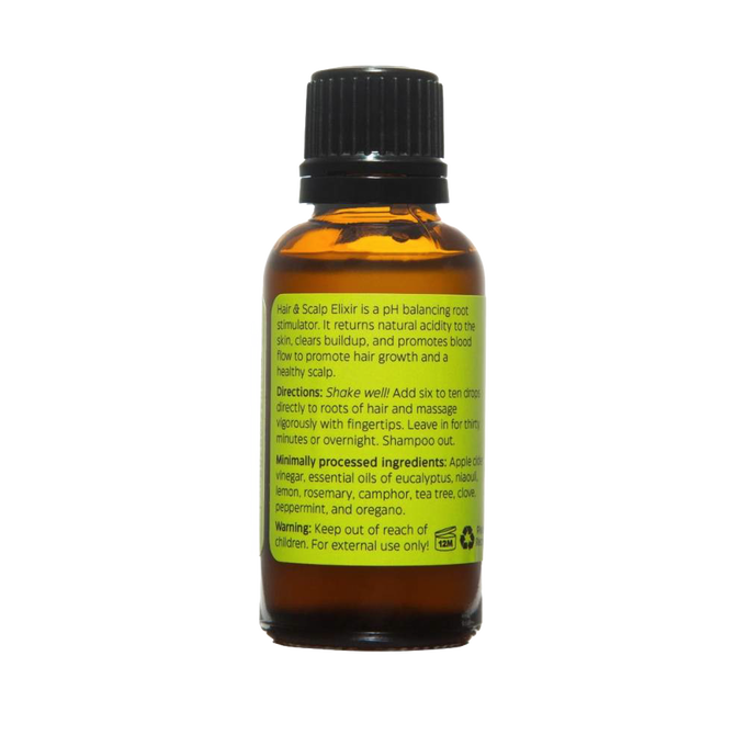 Amber glass bottle with black cap containing a natural pH balancing hair and scalp elixir, featuring apple cider vinegar and essential oils, part of Health & Wellness, Grooming, USA Made, and Best Sellers collections.