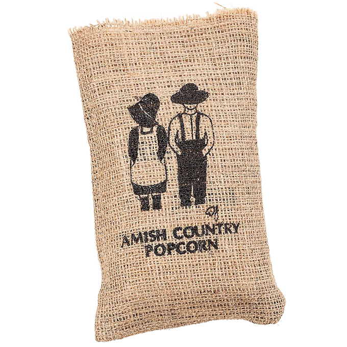 Small burlap bag with silkscreened Amish Country design showing a boy and girl, filled with popcorn, handcrafted in USA, ideal for Kitchen & Food, Snacks and Sweets collections.