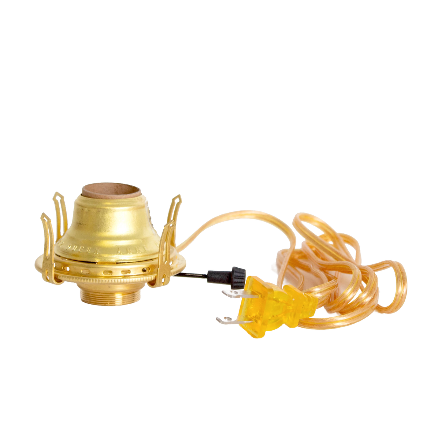 Solid brass electric burner with threaded base accepting 3-inch chimneys, featuring UL listed parts, arrow-shaped prongs, and a six-foot clear gold cord, ideal for Lamps & Lighting and Electric Conversion collections.