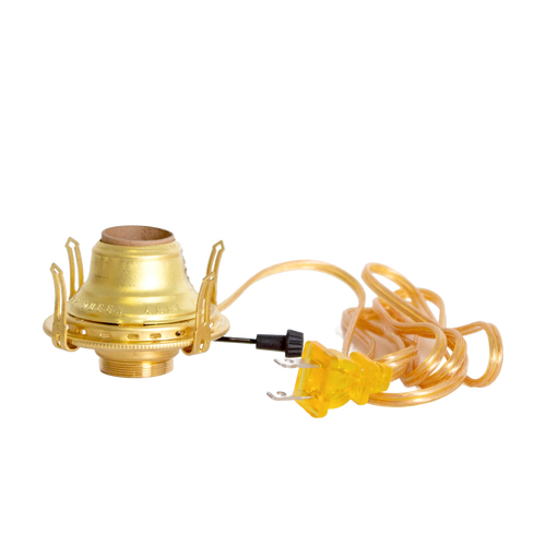 Solid brass electric burner with threaded base accepting 3-inch chimneys, featuring UL listed parts, arrow-shaped prongs, and a six-foot clear gold cord, ideal for Lamps & Lighting and Electric Conversion collections.