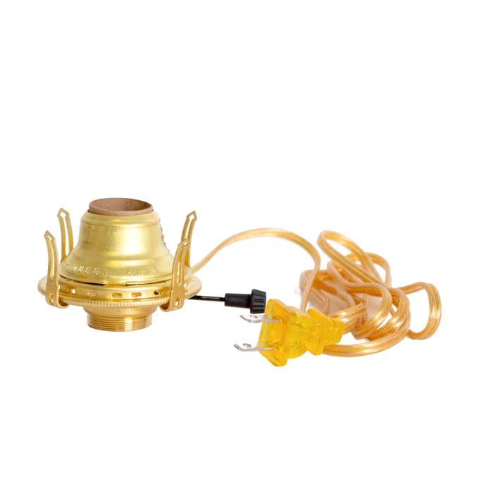 Solid brass electric burner with threaded base accepting 3-inch chimneys, featuring UL listed parts, arrow-shaped prongs, and a six-foot clear gold cord, ideal for Lamps & Lighting and Electric Conversion collections.