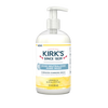 Clear plastic pump bottle of Kirk's odor neutralizing hand wash with lemon and eucalyptus scent, featuring hydrating formula with coconut oil and aloe vera, USA made in Health & Wellness and Soaps collections.