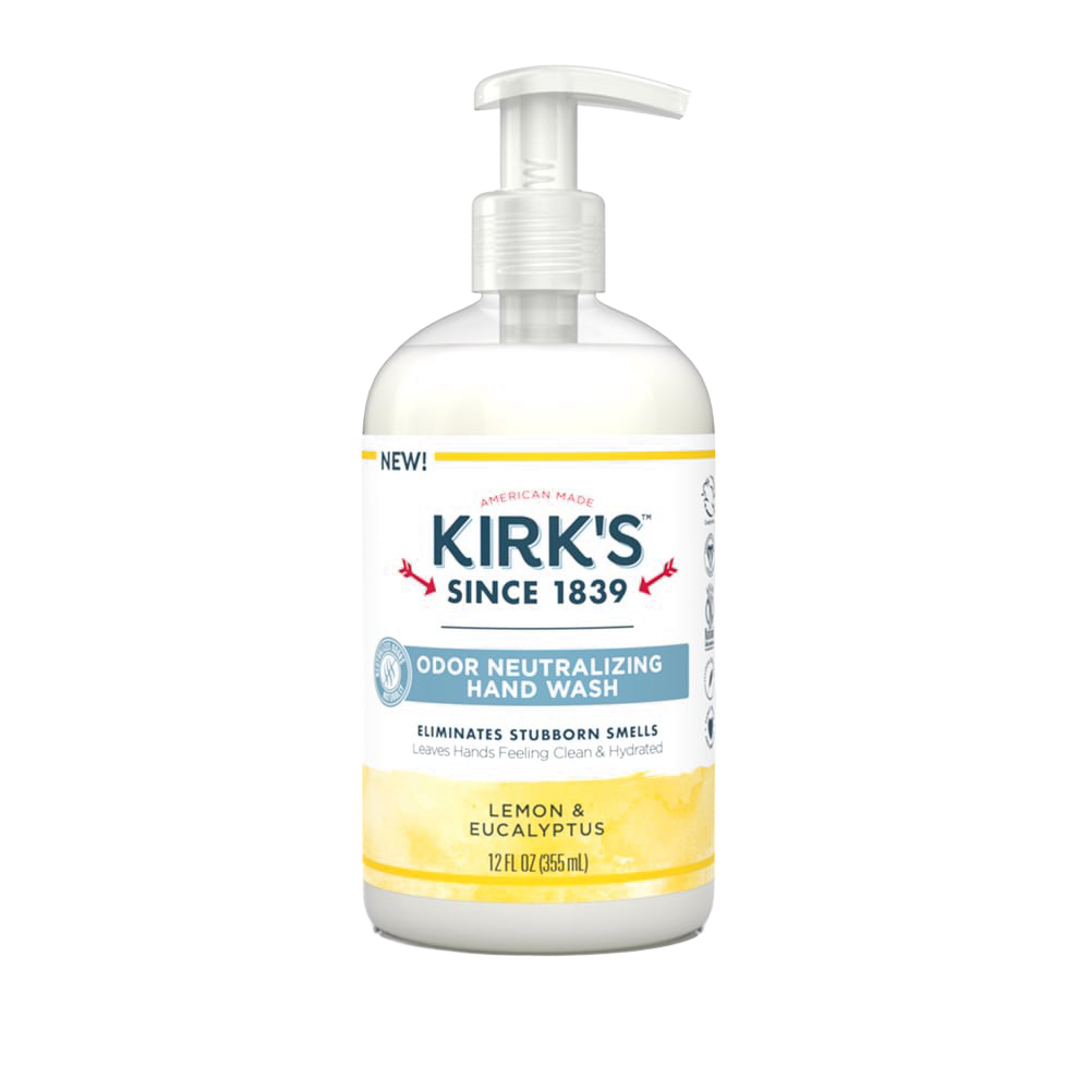 Clear plastic pump bottle of Kirk's odor neutralizing hand wash with lemon and eucalyptus scent, featuring hydrating formula with coconut oil and aloe vera, USA made in Health & Wellness and Soaps collections.