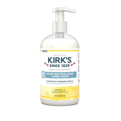 Clear plastic pump bottle of Kirk's odor neutralizing hand wash with lemon and eucalyptus scent, featuring hydrating formula with coconut oil and aloe vera, USA made in Health & Wellness and Soaps collections.