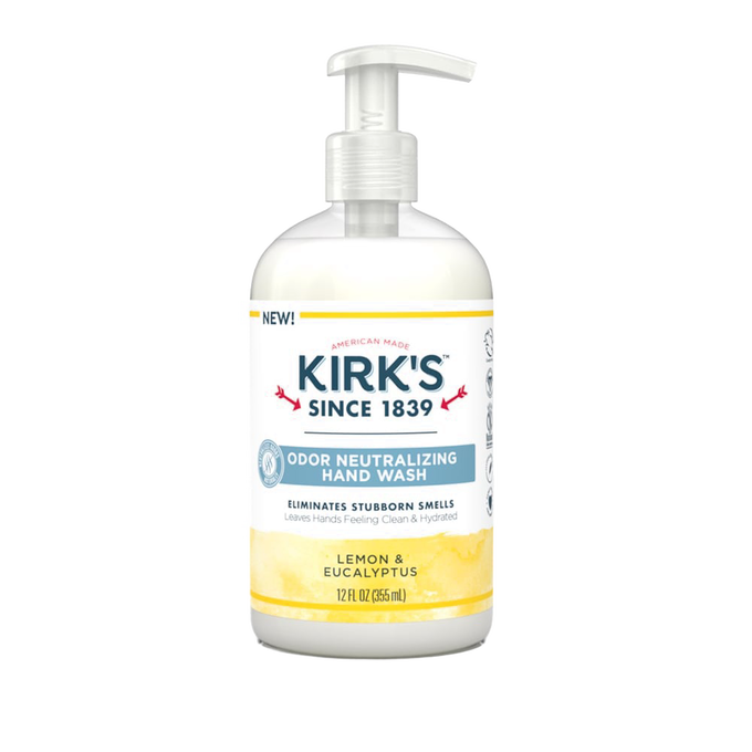 Clear plastic pump bottle of Kirk's odor neutralizing hand wash with lemon and eucalyptus scent, featuring hydrating formula with coconut oil and aloe vera, USA made in Health & Wellness and Soaps collections.