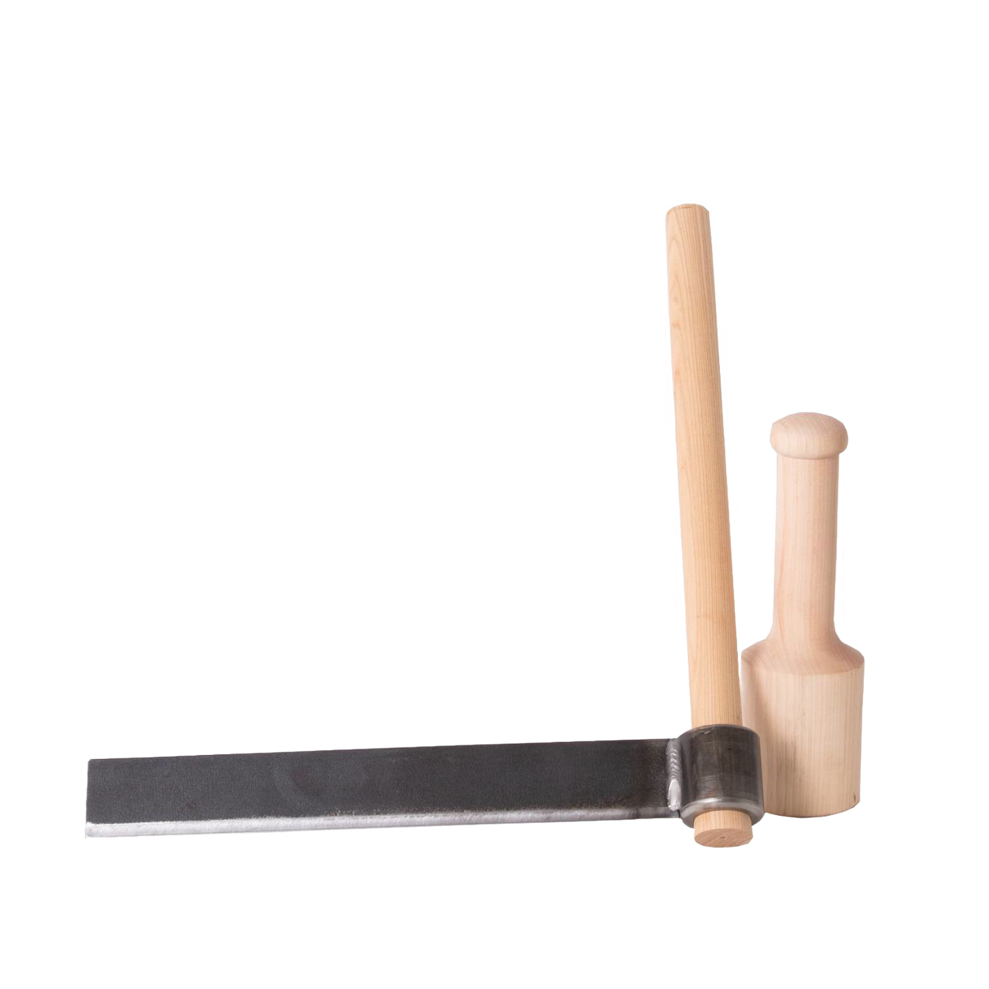 Handcrafted Amish made wood splitting set featuring a case hardened steel froe with wooden handle paired with a birch mallet, ideal for farm, garden, and wood hauling tasks.