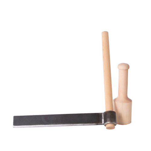 Handcrafted Amish made wood splitting set featuring a case hardened steel froe with wooden handle paired with a birch mallet, ideal for farm, garden, and wood hauling tasks.