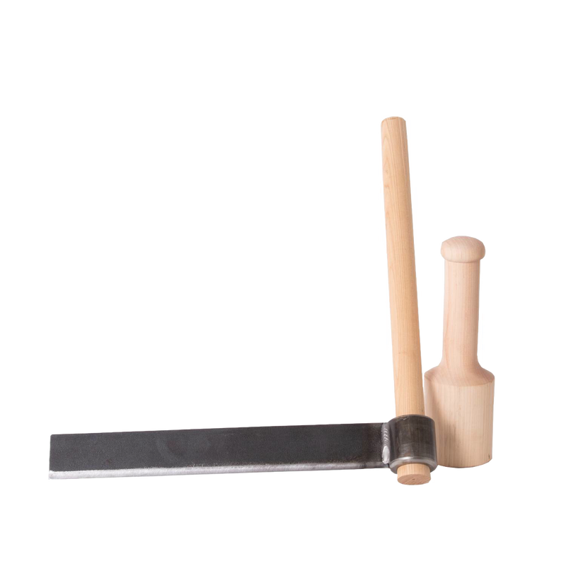 Handcrafted Amish made wood splitting set featuring a case hardened steel froe with wooden handle paired with a birch mallet, ideal for farm, garden, and wood hauling tasks.