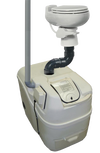 Compact composting toilet system in white with attached black drainage pipe and vertical vent pipe, designed for efficient seasonal use in narrow spaces, featured in Appliances and Composting Toilets collections.