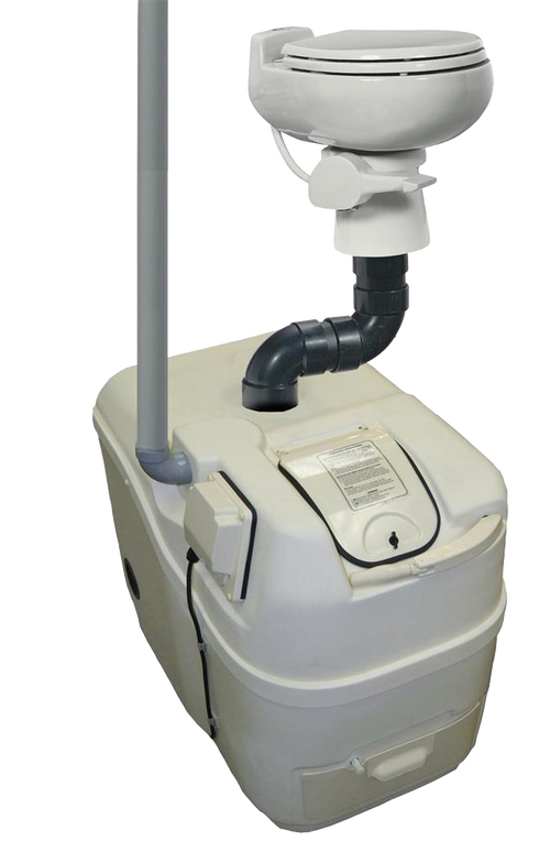 Compact composting toilet system in white with attached black drainage pipe and vertical vent pipe, designed for efficient seasonal use in narrow spaces, featured in Appliances and Composting Toilets collections.