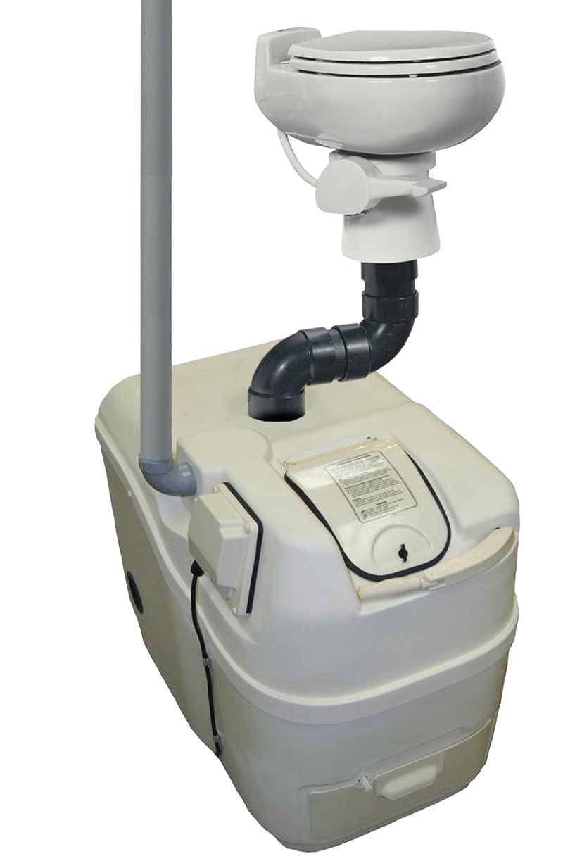 Compact composting toilet system in white with attached black drainage pipe and vertical vent pipe, designed for efficient seasonal use in narrow spaces, featured in Appliances and Composting Toilets collections.