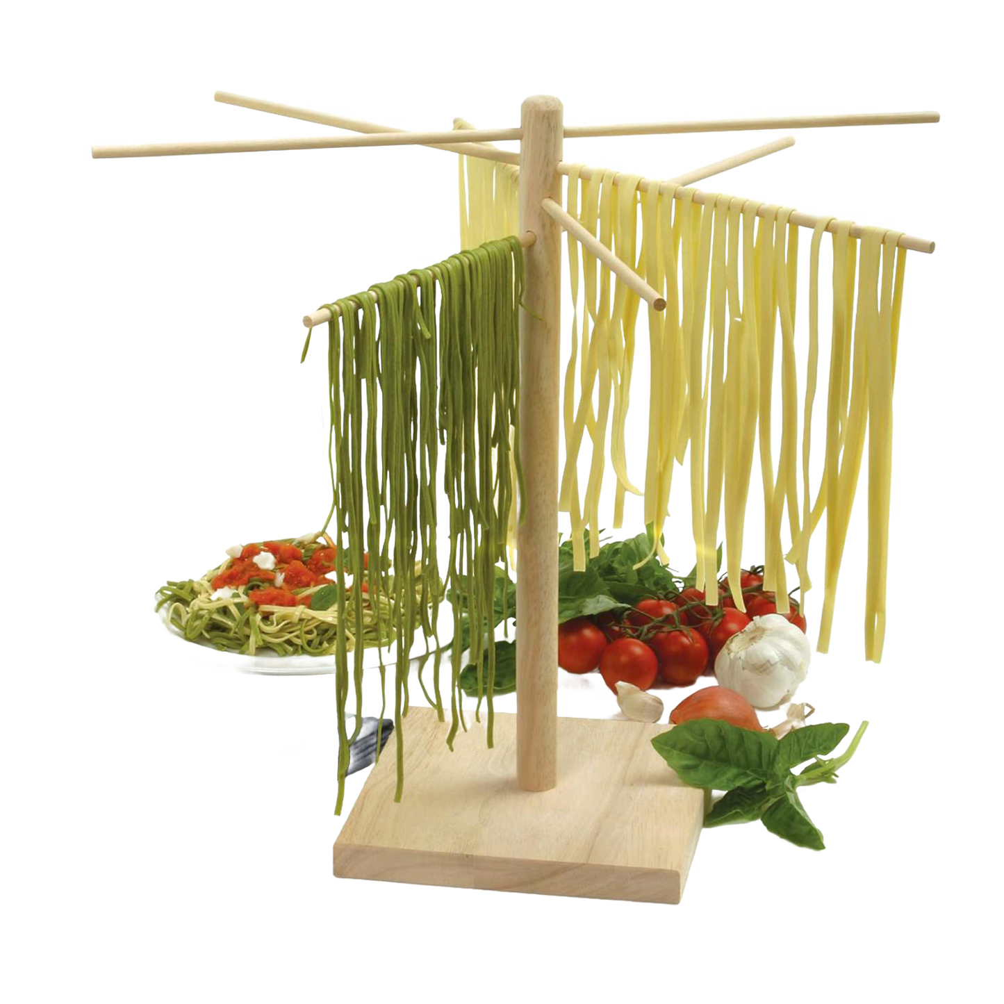 Wooden pasta drying rack with eight angled arms for hanging fresh homemade pasta, made from eco-friendly rubberwood, featured in Kitchen & Food, Drying, and Food Preservation collections.