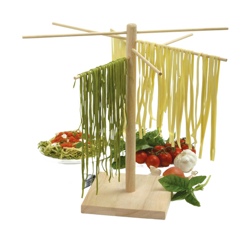 Wooden pasta drying rack with eight angled arms for hanging fresh homemade pasta, made from eco-friendly rubberwood, featured in Kitchen & Food, Drying, and Food Preservation collections.