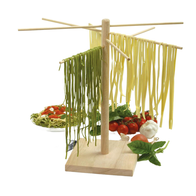 Wooden pasta drying rack with eight angled arms for hanging fresh homemade pasta, made from eco-friendly rubberwood, featured in Kitchen & Food, Drying, and Food Preservation collections.