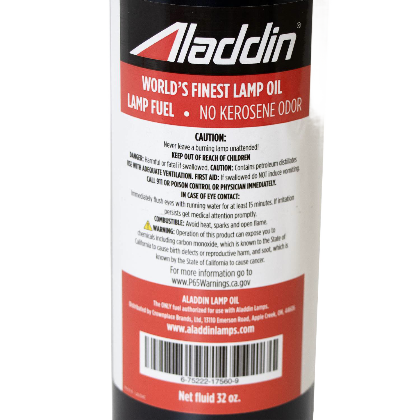 Close-up of a red and black 32 oz bottle label for high-quality lamp fuel designed to burn cleanly with no kerosene odor, part of Lamps & Lighting, Lamp and Lantern Fuel, Parts and Accessories, Best Sellers, and Promo Eligible collections.