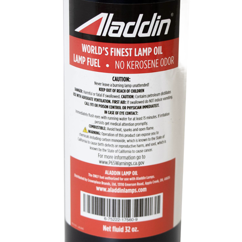 Close-up of a red and black 32 oz bottle label for high-quality lamp fuel designed to burn cleanly with no kerosene odor, part of Lamps & Lighting, Lamp and Lantern Fuel, Parts and Accessories, Best Sellers, and Promo Eligible collections.