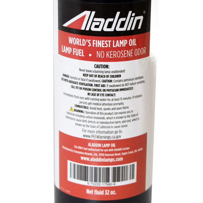 Close-up of a red and black 32 oz bottle label for high-quality lamp fuel designed to burn cleanly with no kerosene odor, part of Lamps & Lighting, Lamp and Lantern Fuel, Parts and Accessories, Best Sellers, and Promo Eligible collections.