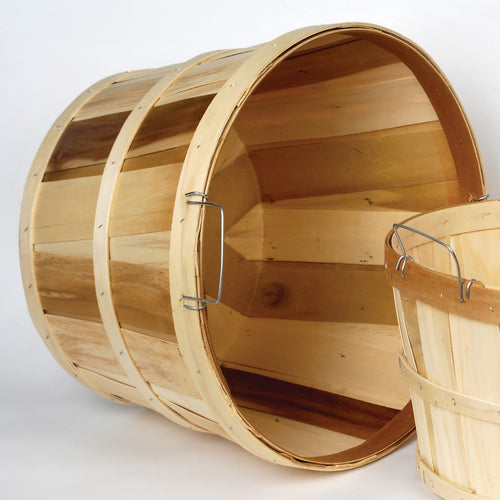 Two handcrafted untreated poplar wood bushel baskets with metal wire handles, made in USA, ideal for Farm, Garden & Tool, Garden Accessories, USA Made, Best Sellers, and Promo Eligible collections.