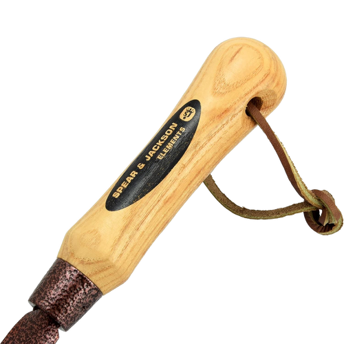 Handcrafted spearing grubber weeding tool with a smooth natural wood handle and hammer finish powder-coated metal head, perfect for farm, garden & tool, lawncare, and best sellers collections.