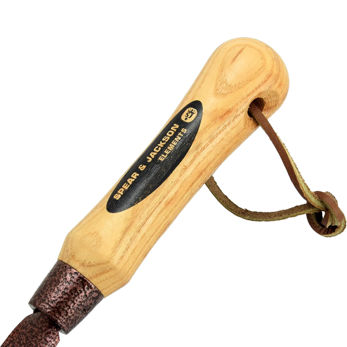 Handcrafted spearing grubber weeding tool with a smooth natural wood handle and hammer finish powder-coated metal head, perfect for farm, garden & tool, lawncare, and best sellers collections.
