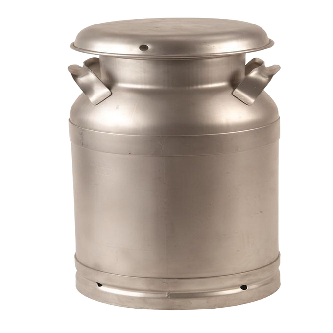 Large stainless steel milk can with a brushed finish, seamless design, and sturdy handles, crafted in the USA for farm and animal care use, featured in best sellers and promo collections.